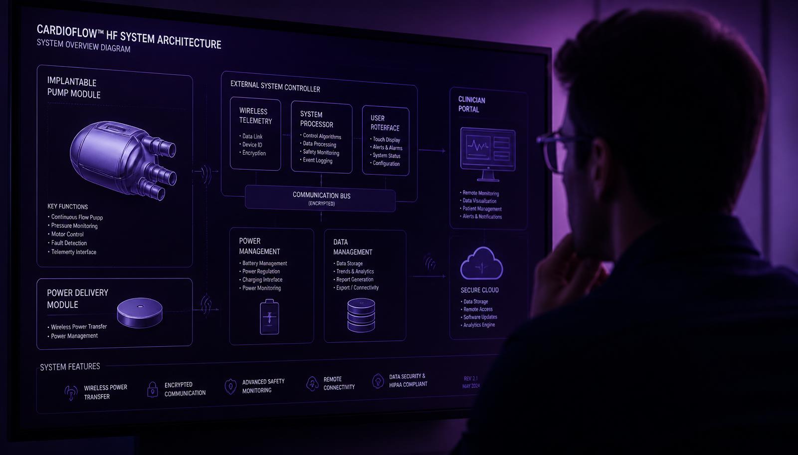 Engineer reviewing a connected medical device system architecture diagram on a large display