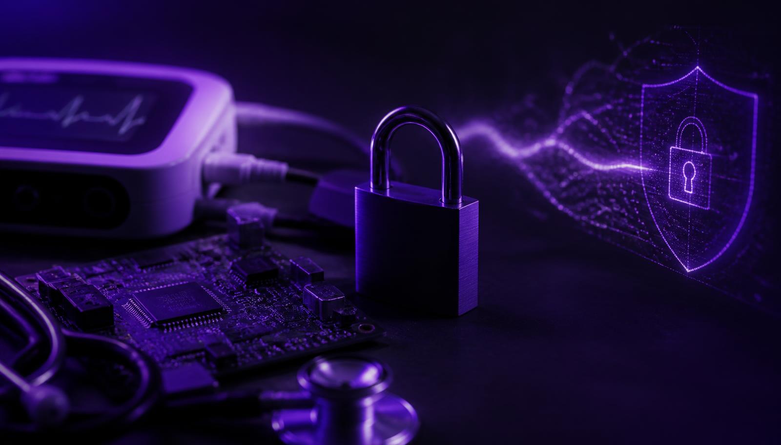 Connected medical device circuit board with a padlock and encrypted data shield visualization